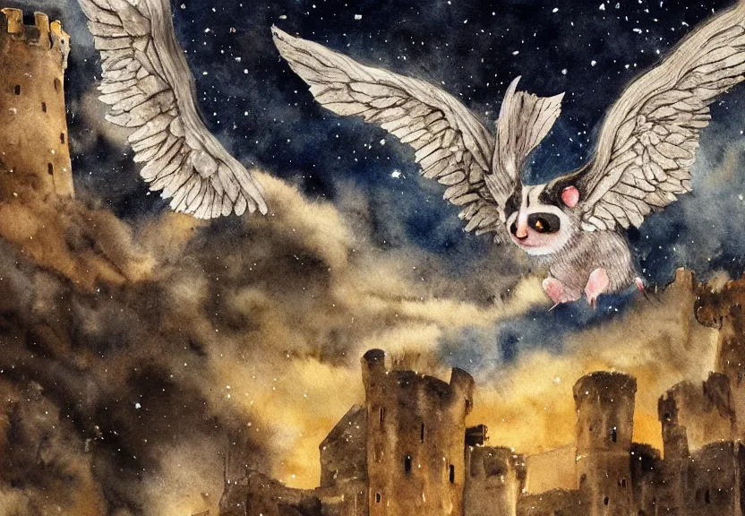 Prompt: legendary winged possum flying over a medieval castle under a dark starred sky, dark fantasy, watercolor, dreaming illusion, highly detailed, 4k, trending on Artstation, award-winning