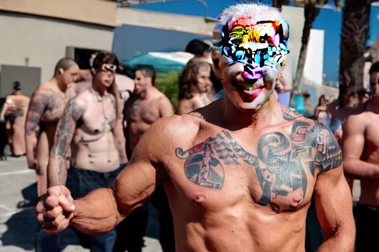 Prompt: shirtless biden with tatoos, latino, thug life, high quality, standing in front of lowrider