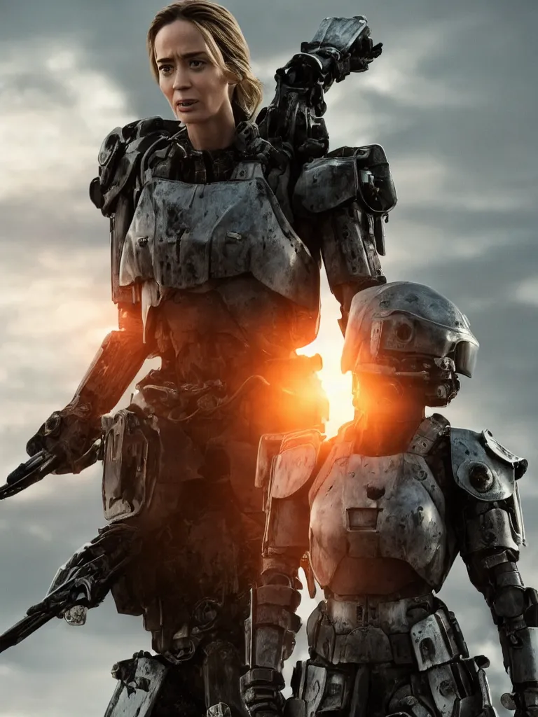 Prompt: emily blunt in futuristic power armor, holding a sword, edge of tomorrow, angel of verdun, sunset