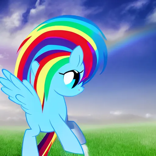 Image similar to Rainbow Dash, Pegasus Photography, Pegasus, Light-blue coat with rainbow mane and tail, realistic 4k