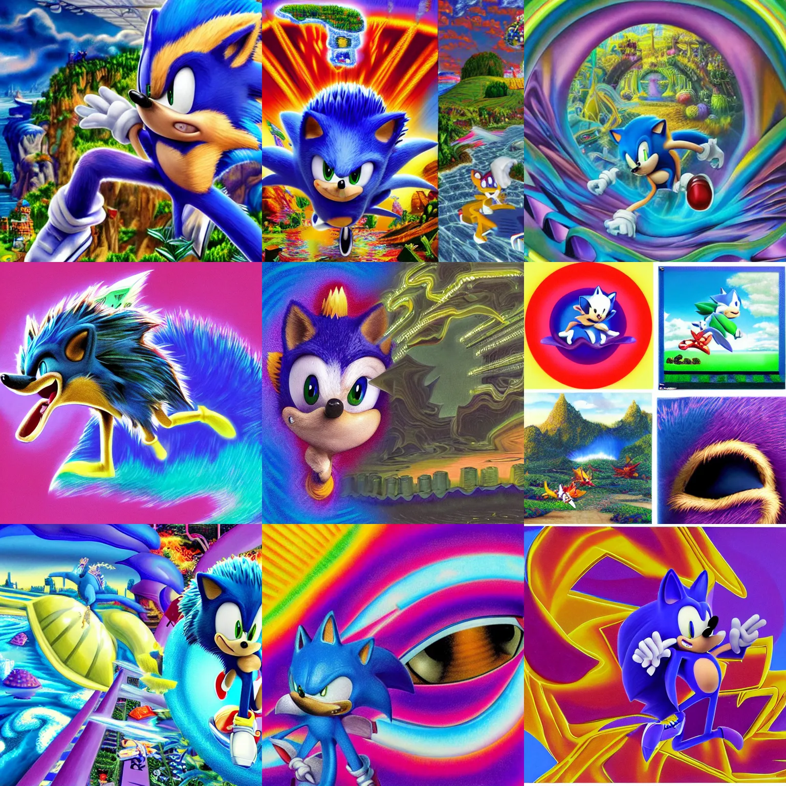 Prompt: collage portrait of sonic hedgehog and a matte painting landscape of a surreal, sharp, detailed professional, soft pastels, high quality airbrush art album cover of a liquid dissolving airbrush art lsd dmt sonic the hedgehog swimming through cyberspace, purple checkerboard background, 1 9 9 0 s 1 9 9 2 sega genesis rareware video game album cover