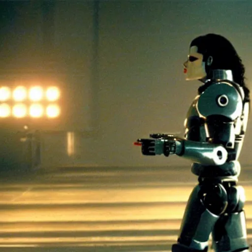 Image similar to movie still of robot michael jackson, cinematic composition, cinematic light, criterion collection, by edgar wright