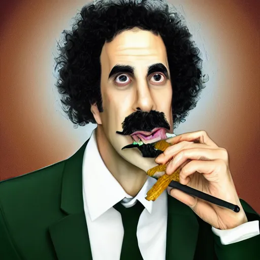 Image similar to Sacha Baron Cohen as borat smoking a giant rolled cannabis cigarette, caricature, smoke, amazing detail, digital art, artstation