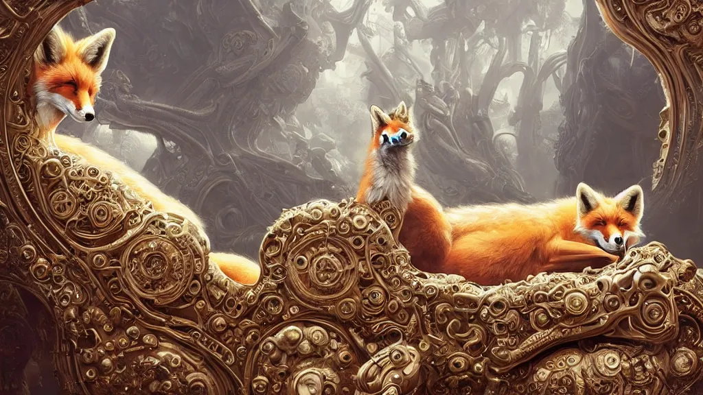 Image similar to a hyperrealistic photographical cream cyborg fox sitting on an ornate alien couch, symmetrical, intricate, detailed, volumetric lighting, sharp focus, photorealism, digital painting, highly detailed, concept art, by roger dean and beth cavener and simon stalenhag and mark brooks