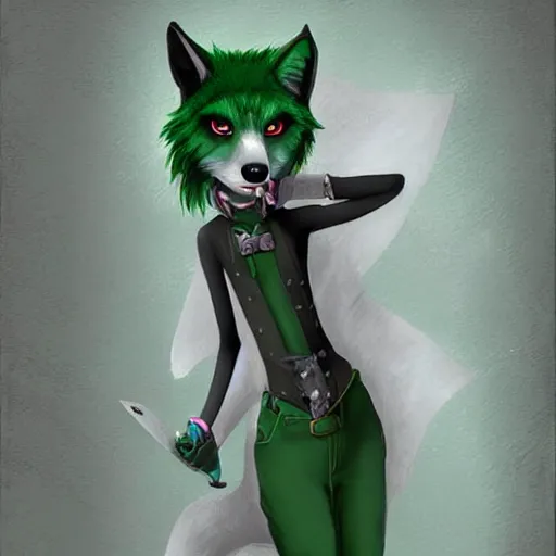 Prompt: Beautiful digital painting, anthro anthropomorphic pastel-green androgynous wolf, Punk outfit.