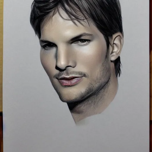 Image similar to matte drawing derogative detailed portrait of ashton kutcher