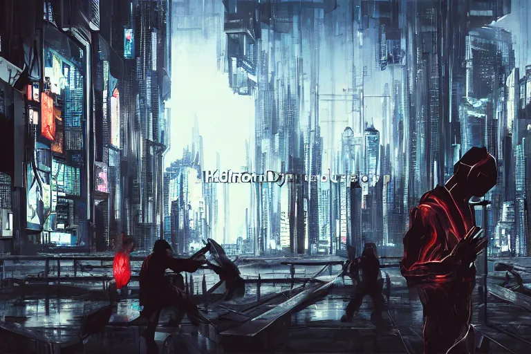 Image similar to Elimination of humanity, very highly detailed face's and body's. Digital concept art by Caravaggio, Details by Kidmongraph, cyan dimensional light, , Cyberpunk city as Background by Hiromasa Ogura