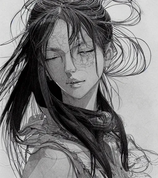 Prompt: portrait of anime woman, pen and ink, intricate line drawings, by wlop, claire wendling, kentaro miura, greg rutkowski, loundraw