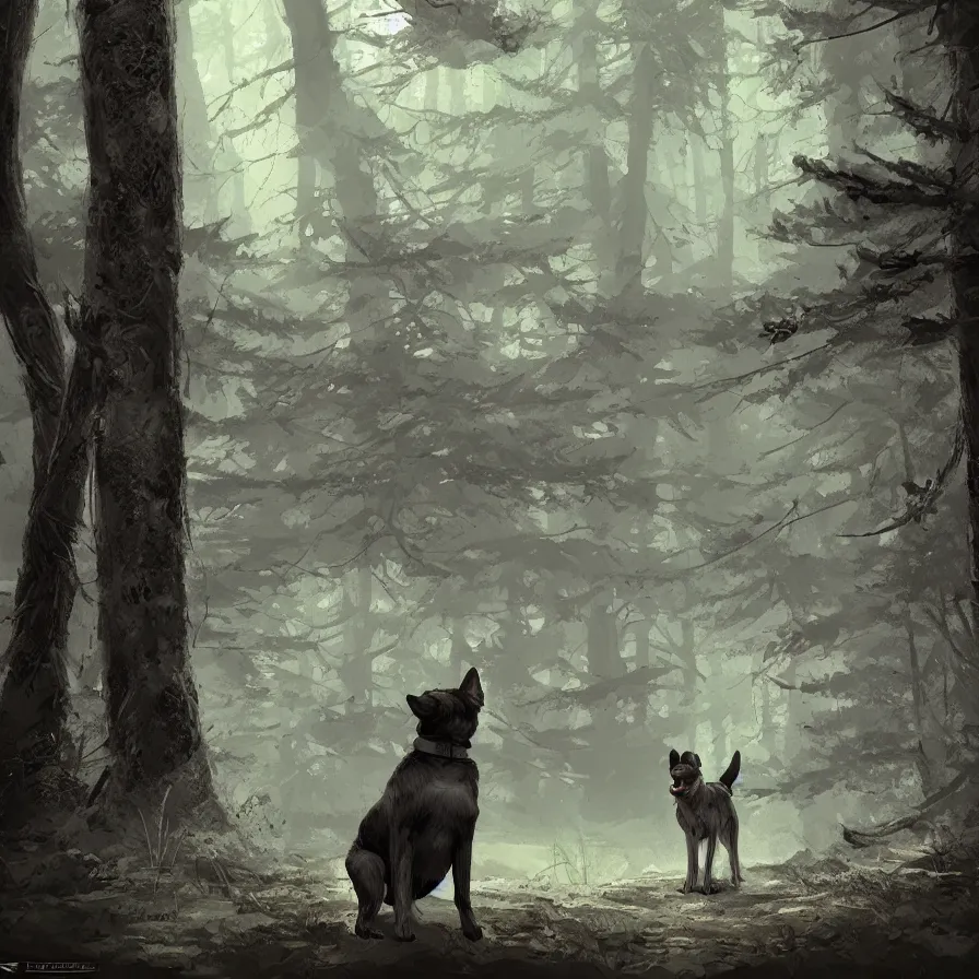 Image similar to photo of a dog in the woods ilustration, concept art, sharp focus, ArtStation