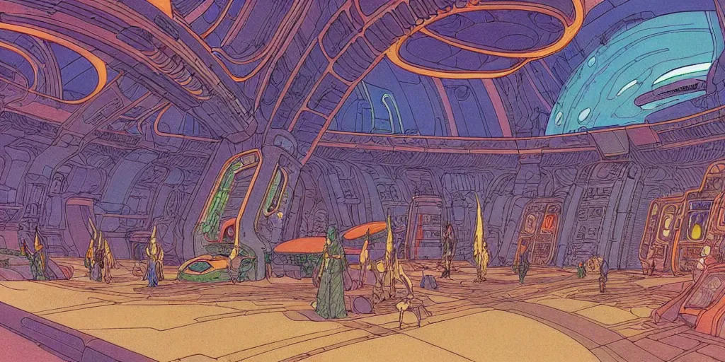 Image similar to cel shaded cinematic shot of the interior of a sci-fi space station with ornate Elven architecture bustling with various intelligent alien species, epic castle, emerald, crystalline, detailed illustration, sharp focus, clean lines, art by Moebius, Jean Giraud Moebius comic illustration