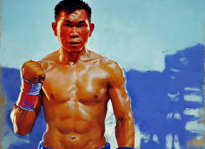 Image similar to greg manchess portrait of a filipino boxer in a victorious pose in an arena, organic painting, sunny day, matte painting, bold shapes, hard edges, street art, trending on artstation, by huang guangjian, gil elvgren, ruan jia, randy vargas, greg rutkowski