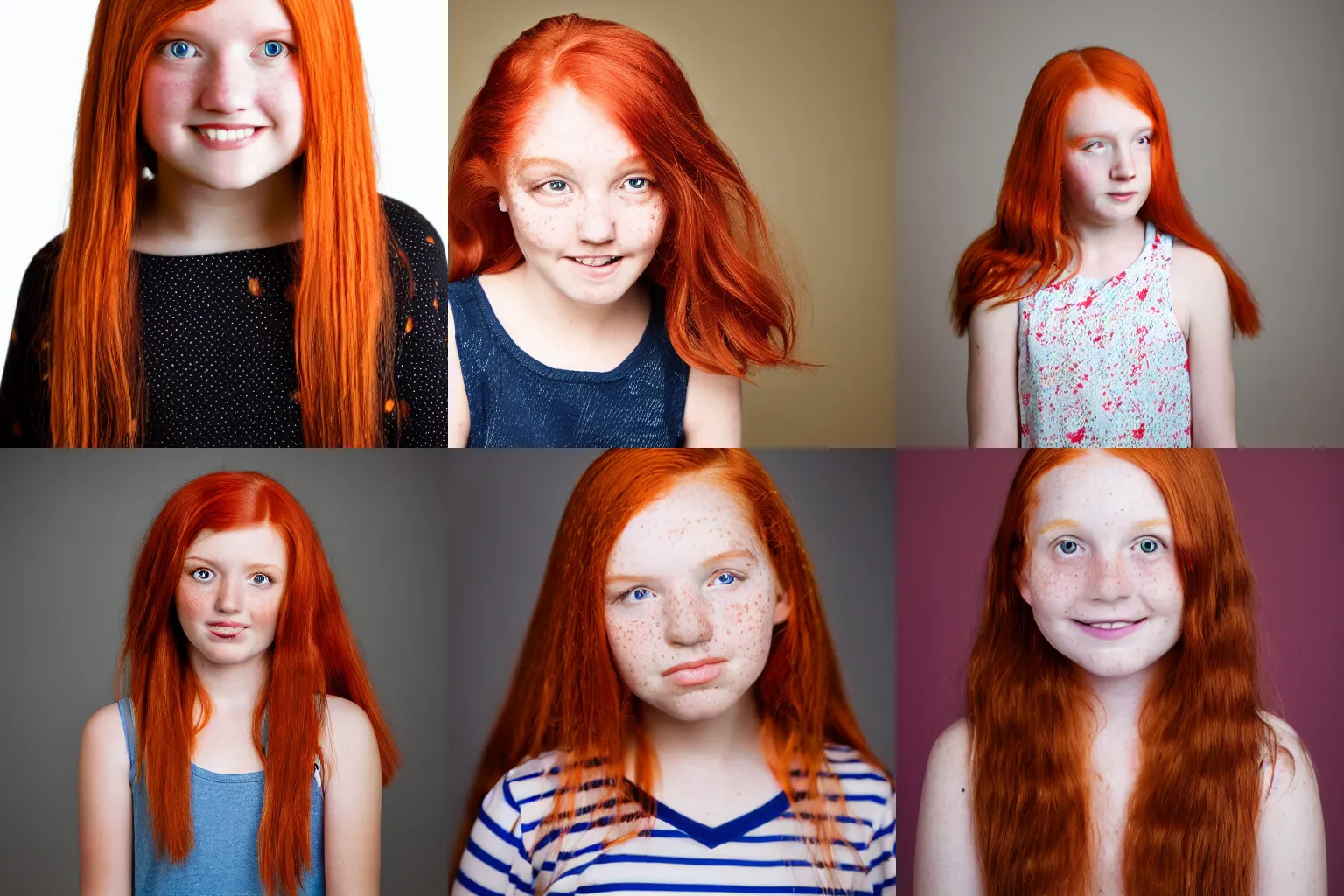 Prompt: quarter length photograph of a 10 year old girl, red hair, freckles, studio quality, studio lighting