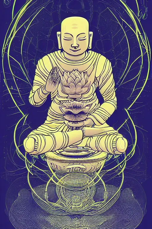 Image similar to a study of cell shaded cyborg robot astronaut buddha meditating in a lotus flower illustration, golden ratio, post grunge screen print poster, character concept art by N.C. winters, highly detailed, sharp focus, alien, Artstation, deviantart, artgem