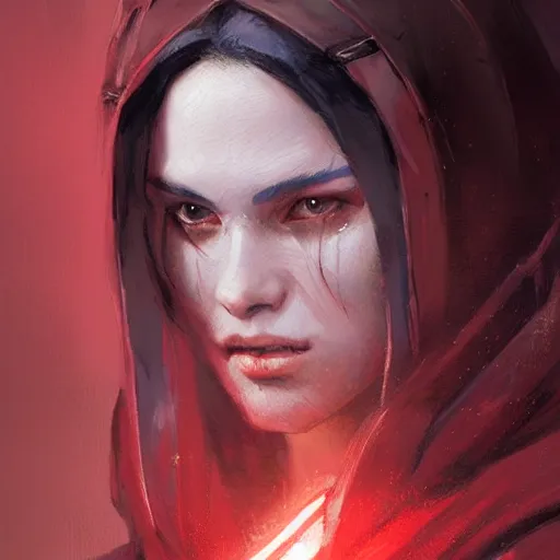 Image similar to portrait of a woman by greg rutkowski, jedi princess, straight black hair, jedi robes, star wars expanded universe, she is about 2 0 years old, elegant, graceful, wearing red jedi robes, highly detailed portrait, digital painting, artstation, concept art, smooth, sharp foccus ilustration, artstation hq