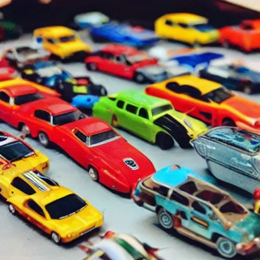 Image similar to a badly lit photo taken by an old phone of a box full of toy cars.