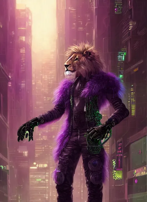 Image similar to award winning beautiful portrait commission of a male furry anthro lion fursona with a tail and a cute beautiful attractive detailed furry face wearing stylish black, green and purple cyberpunk clothes in a cyberpunk city at night while it rains. Character design by charlie bowater, ross tran, artgerm, and makoto shinkai, detailed, inked, western comic book art