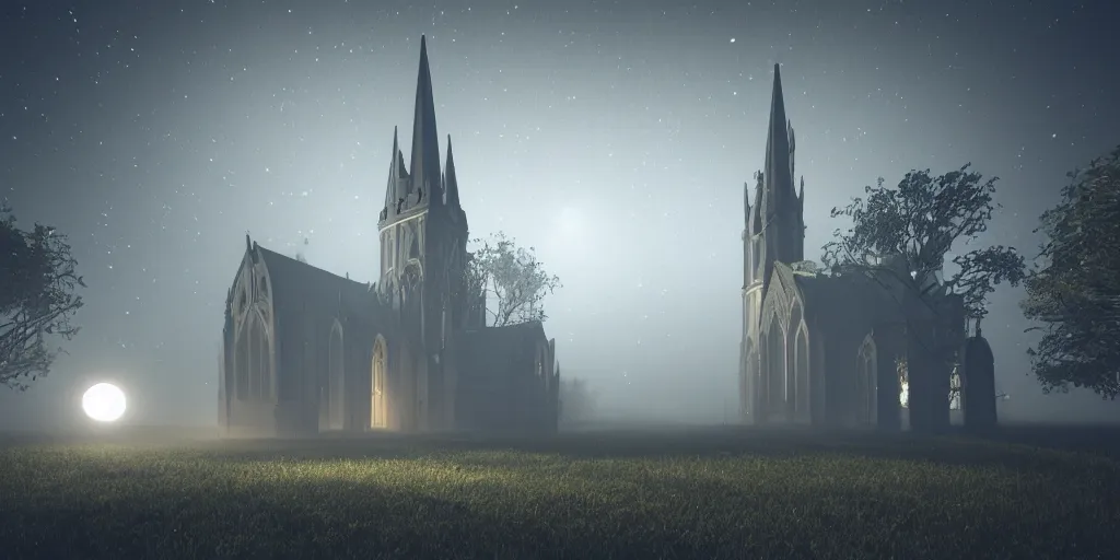 Image similar to Behind the tall and delicate gothic church at night, a huge delicate metal astrolabe in the moonlight, with ghosts floating in the foreground, light through the mist, dramatic lighting, photorealistic, cinematic lighting, high detail, cinematic feel, high octane, 4K, Unreal Engine, digital render, intricate, ultra realistic