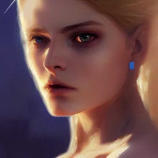 Prompt: full lentgth portrait of a young and beautiful blonde waif with piercing blue eyes, dramatic light, gorgeous view, depth, high detail, digital art, painted by greg rutkowski and vogue, trending on artstation