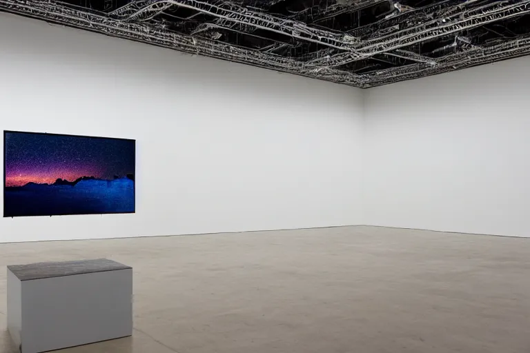 Prompt: a large 16:9 flatscreen on two steel rods on a plinth inside a white cube gallery, bokeh 4k