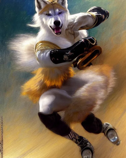 Image similar to a buff white female anthro wolf skating at a roller derby, 4 k, furaffinity, fursona, trending on artstation, energetic, speed, motion blur, by gaston bussiere, craig mullins, j. c. leyendecker, gustav klimt, artgerm, greg rutkowski, alphonse mucha