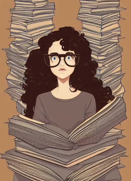 Prompt: a woman with curly brown hair and glasses sits on top of a tall pile of books. clean cel shaded vector art. shutterstock. behance hd by lois van baarle, artgerm, helen huang, by makoto shinkai and ilya kuvshinov, rossdraws, illustration, art by ilya kuvshinov