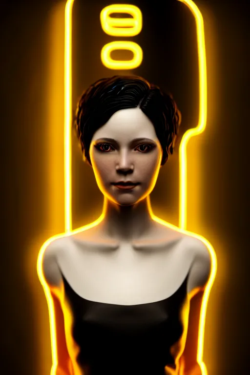 Image similar to Portrait of a beautiful pale skin Nordic female with short black hair, elegant, photorealistic, highly detailed, artstation, smooth, sharp focus, gold ornaments, neon lighting, sci-fi, art by Klimt.