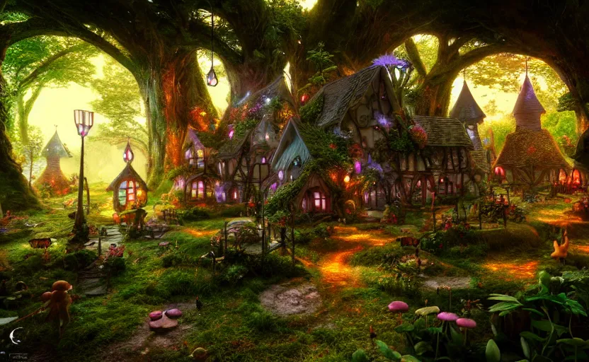 Image similar to inside an ethereal magical fairy village, highly detailed, 8 k, hdr, award - winning, octane render, artstation