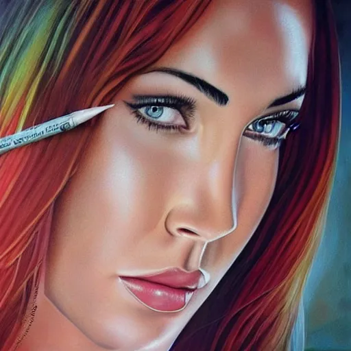Image similar to “Megan Fox airbrush paintings, ultra detailed portrait, 4k resolution”