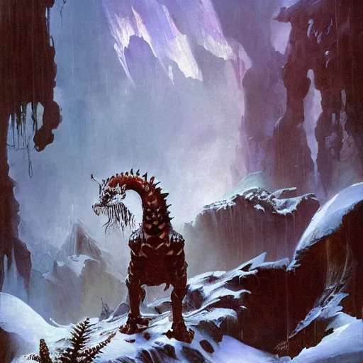 Image similar to a beautiful painting by frazetta, trending on artstation, artstation A beautiful matte painting about a seahorse made out of ferns and fractal patterns, covered in snow leopard, cyberpunk fabric, still life