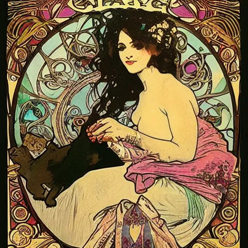 Prompt: a posters of Gypsy lady doing tarot card reading inside a gypsy caravan surrounded by cats in art nouveau from 1878, Alphonse Mucha, decorative panels, old paper, soft colors