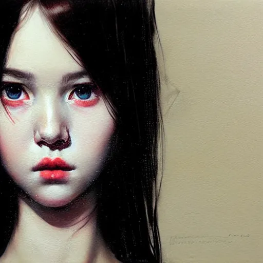 Image similar to Facial portrait of a pretty young cute girl, looking at the camera, slight awkward smile, lips slightly parted, no hands visible, extremely detailed painting by Greg Rutkowski and by Henry Justice Ford and by Harumi Hironaka