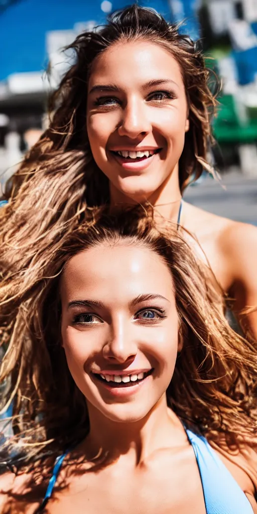 Prompt: lovely detailed faces, head shot of a bikini models rollerblading on the street and having fun, sharp eyes, smile, group portrait, face close - up