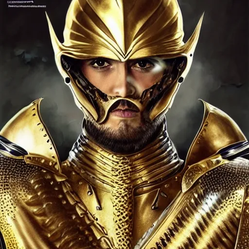 Image similar to Hyper-realistic photo of the King of the Desert, Gold Armour suit, Sword, handsome attractive face, attractive young man, beautiful face, dramatic lighting, majestic, D&D, fantasy, elegant, intricate, highly detailed, digital painting, concept art, sharp focus, illustration, trending on artstation, art by artgerm and greg rutkowski and alphonse mucha