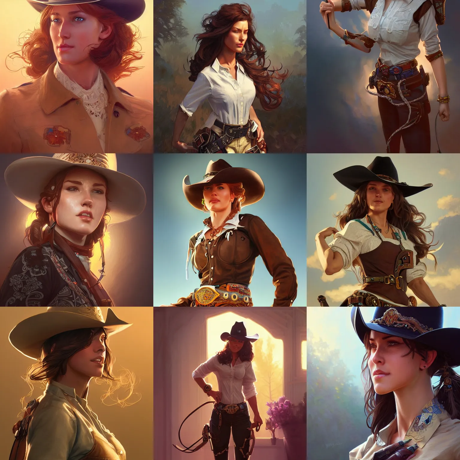 Prompt: confident cowgirl, Mark Edward Fischbach, intricate, highly detailed, digital painting, artstation, concept art, smooth, sharp focus, illustration, Unreal Engine 5, 8K, art by artgerm and greg rutkowski and alphonse mucha