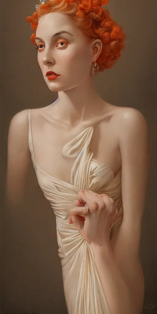 Image similar to a beautiful hyperrealistic portrait pose of a stunning 1950’s model in a cream-and-orange dress looking cheeky, intricate, elegant, highly detailed, smooth, sharp focus, award-winning, masterpiece, in the style of Tom Bagshaw, Cedric Peyravernay, Peter Mohrbacher