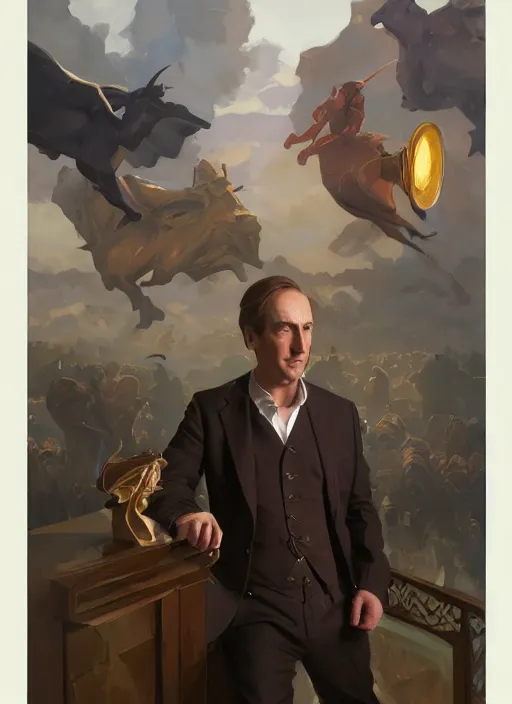 Image similar to portrait of saul goodman, painting by sargent and leyendecker, fantasy, medium shot, asymmetrical, intricate, elegant, matte painting, illustration, hearthstone, by rhads, by greg rutkowski, by greg tocchini, by james gilleard, by joe fenton