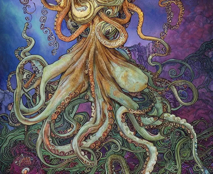 Image similar to portrait of an octopus goddess, full body shot, rule of thirds, wide angle, amazing landscape in background, fantasy, whimsical, horror, art by riot games and chengwei pan and josephine wall and amanda sage and alphonse mucha, intricately detailed, highly detailed, luxurious, elegant, clean, unsettling, trending on artstation