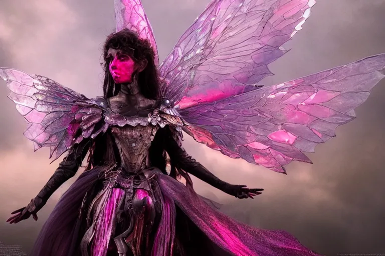 Image similar to pink iridescent battle armor on a fairy by eiko ishioka, 8K, detailed, HD, fairytale, dark tones, horror film, scary, matte painting, fantasy, full of colors, CGSociety, matte painting, realistic materials, photo-realistic, postprocessing, realistic, cinematic style, 35mm