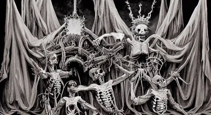 Image similar to photo of undead skeletons performing a sacred blasphemous mind-bending ritual, style of Wayne Barlowe, lavish rococo baroque setting, fashion-photography, unholy ceremony, sacrilegious rite, evil, menacing, ominous, threatening, sinister, malevolent. Highly-detailed, photographic, cinematic, dramatic, establishing shot