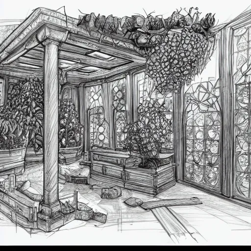 Prompt: annotated highly, detailed and intricate, sketch of a room full of plants, marker concept art style rendering, concept art, half blueprint, trending on artstation, intricate details, center frame, annotations