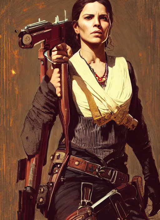 Prompt: Old west female gunslinger (rdr2, laurie greasley). Iranian orientalist portrait by john william waterhouse and Edwin Longsden Long and Theodore Ralli and Nasreddine Dinet, oil on canvas. Cinematic, hyper realism, realistic proportions, dramatic lighting, high detail 4k