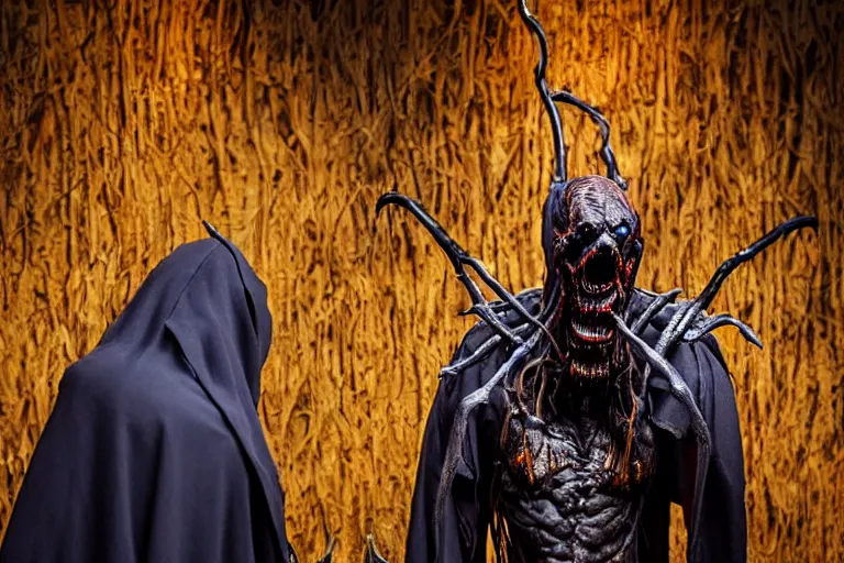 Prompt: photo taken of an epic intricate, ultra detailed, super realistic sculpture of a nightmarish hellish demonic hooded grim reaper animatronic on display in a workshop, created by weta workshop, zoomed in shots, photorealistic, sharp focus, f 0. 4, face centred, macro photography, golden ratio, golden hour