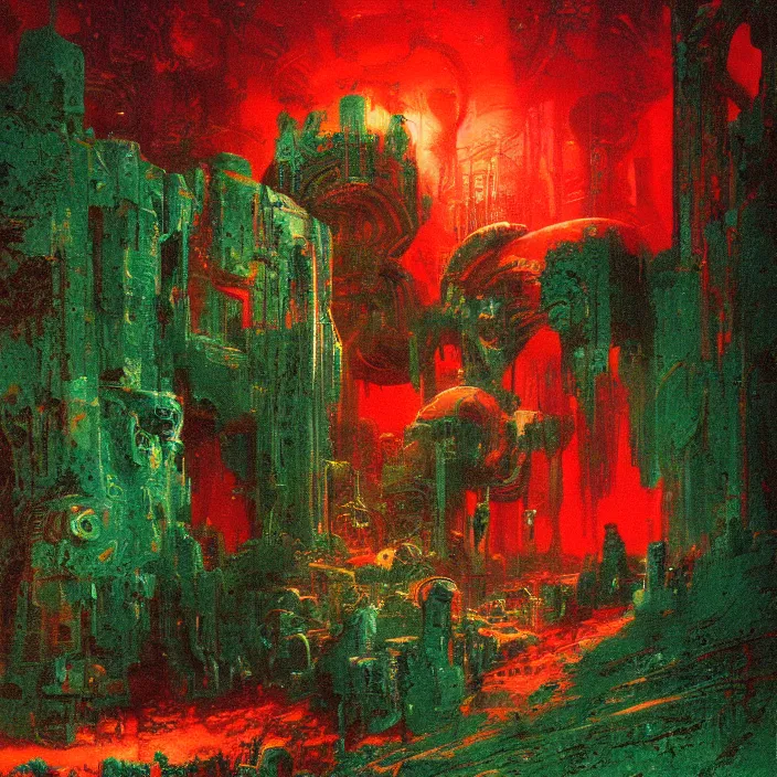 Image similar to gargantuan disappointment of flaky souls, red and green palette, by ( h. r. giger ) and paul lehr