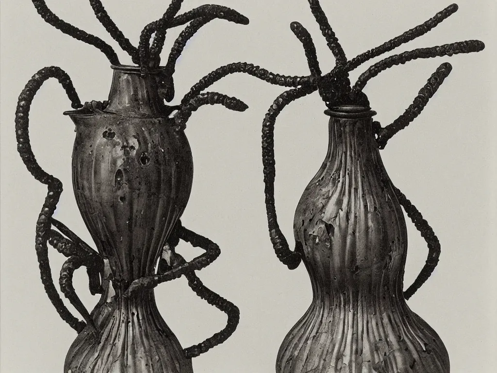 Image similar to gothic vase, pot, jug in the shape of black widow spider. karl blossfeldt, salvador dali