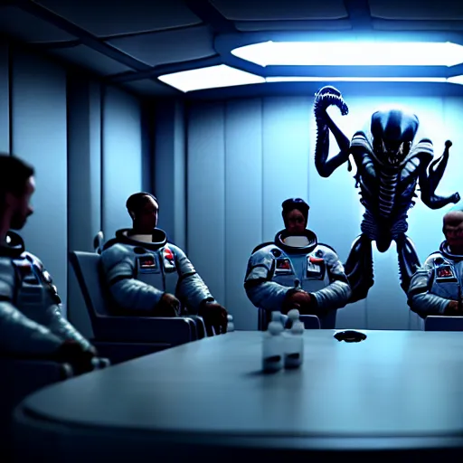 Image similar to astronauts in a meeting, there is a xenomorph behind them holding a blade, hyperrealistic, 3 d, 8 k, unreal engine, octane render, make it look like it was made by dall - e 2