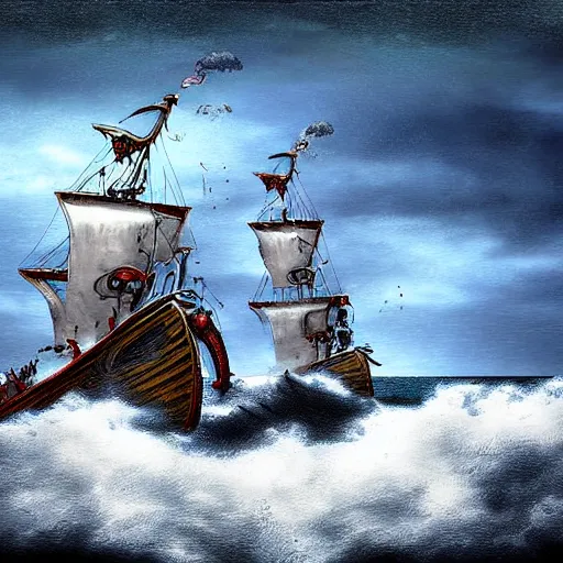 Prompt: digital art of two pirate ships in a fight on the ocean, firing cannons at each others, rough sea, action, stormy sky, debris in water