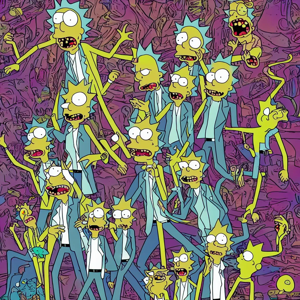Image similar to rick and morty dancing at a rave party with bart and homer simpson, ultrarealistic, weird comic art, 16K 3D, crying engine
