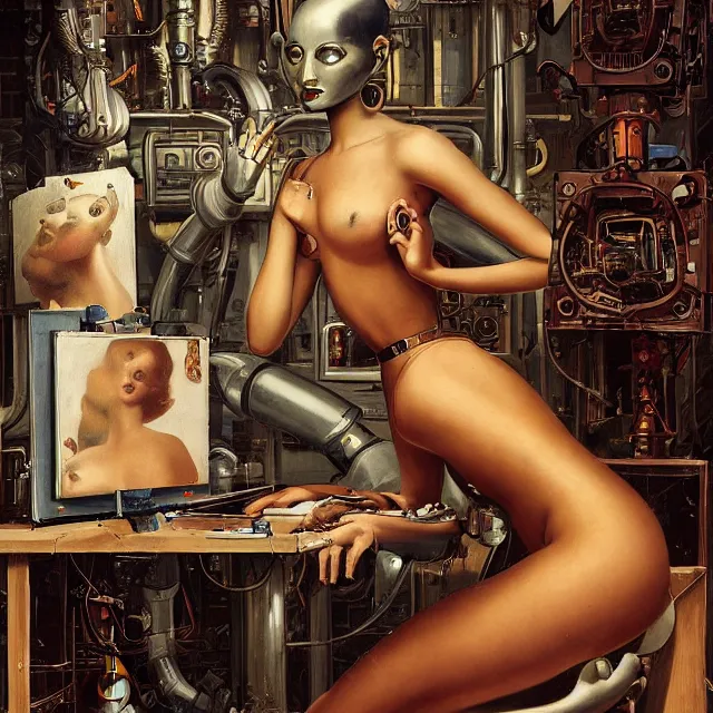 Prompt: robot artist painting a self - portrait on a canvas. intricate, highly detailed, digital matte painting in the style of gil elvgren and in the style of h. r. giger. irony, recursion, inspiration.
