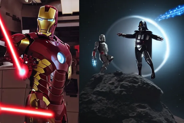 Prompt: a duel between iron man ( left ) and darth vader ( right ), in space, shot on alexa, 3 5 mm cooke, still from a movie, trending on hollywood reporter