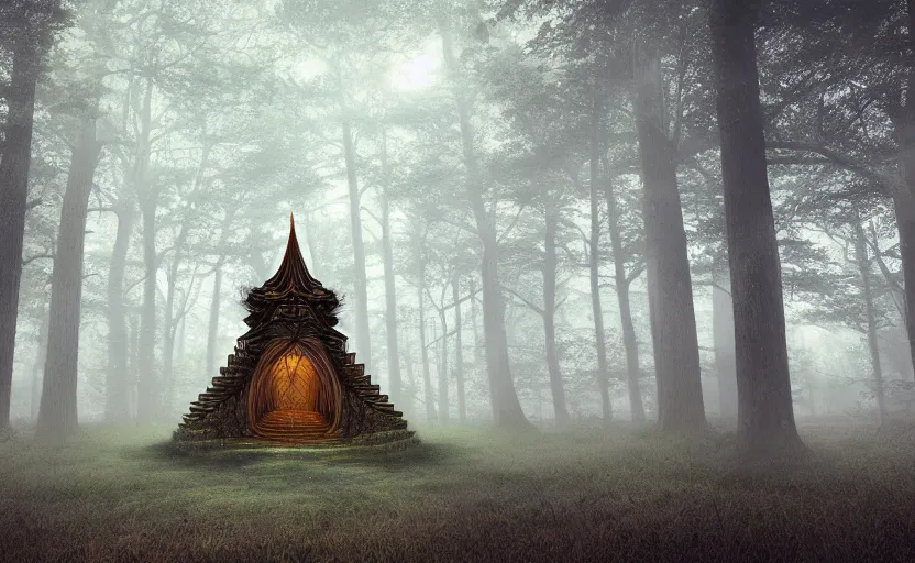 Image similar to incredible interior artwork shot of a wooden druid's temple in the forest, dusk, light fog, digital art, 4k